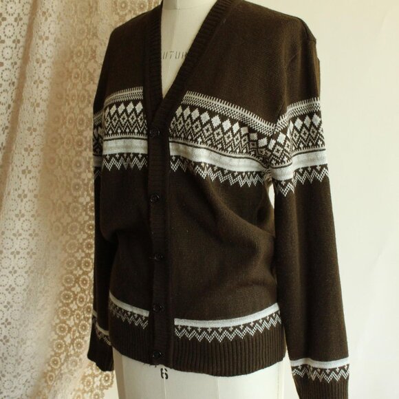 Vintage 1950s 1960s Cardigan, Jaguar Mexican Brown and White Sweater, Size 40 - Picture 7 of 10